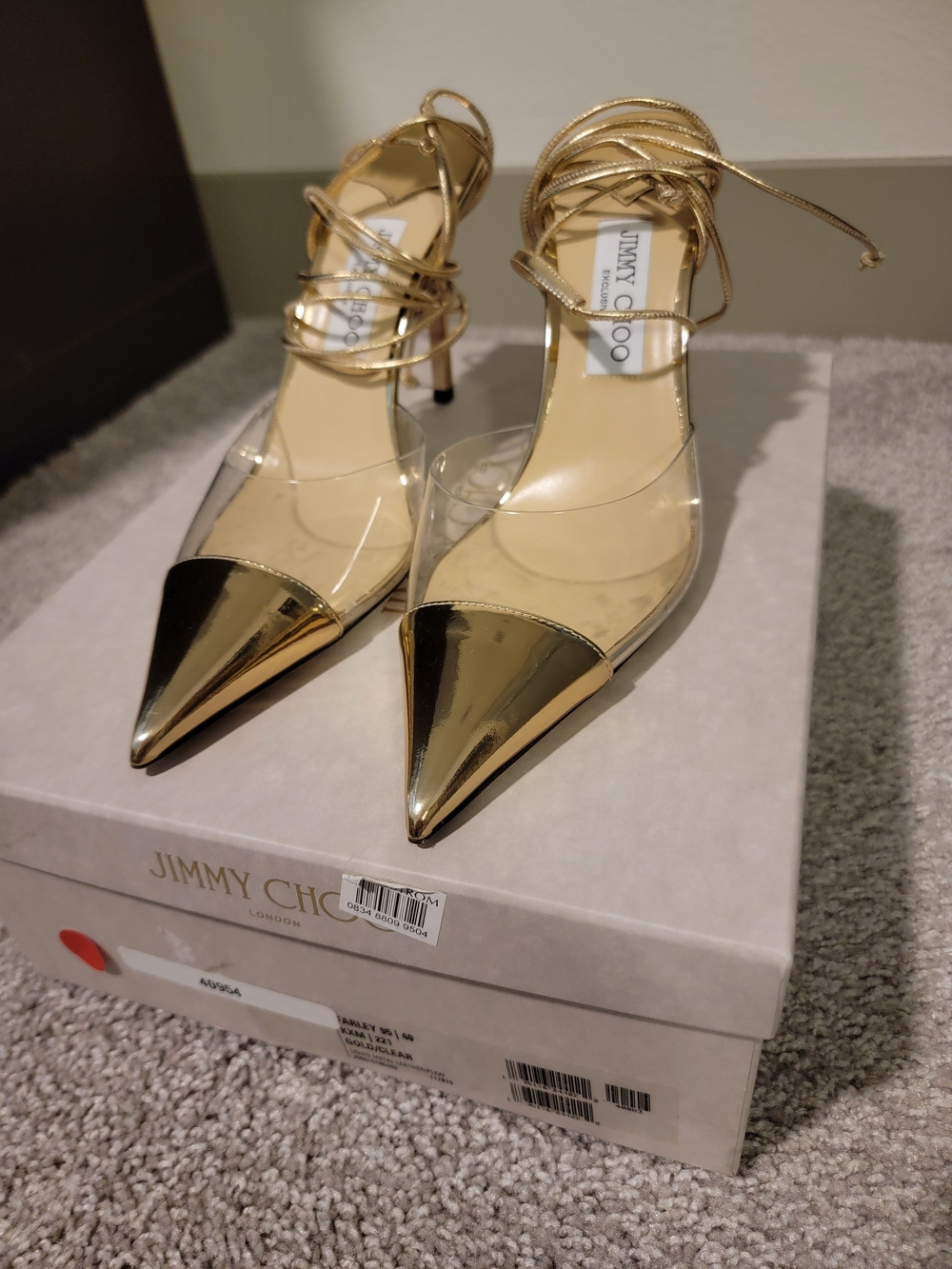 Jimmy Choo Farley Gold Pointed Toe Clear Lace-Up Pumps
